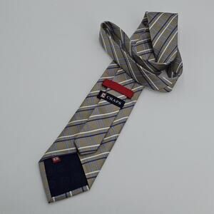 Chaps 100% Silk Tie Tan Blue White Stripes Men Necktie 58.75" x 3.5"